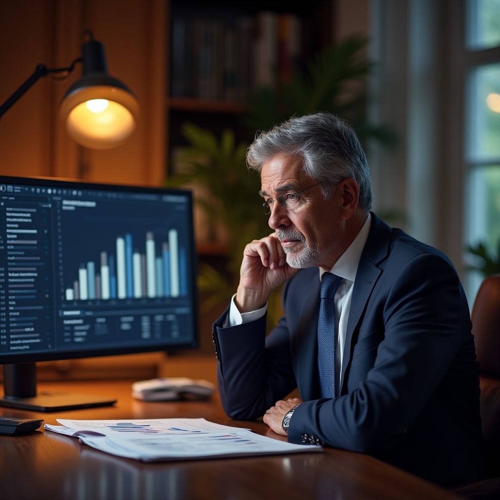 Despacho con directivo revisando un informe financiero impreso junto a una pantalla