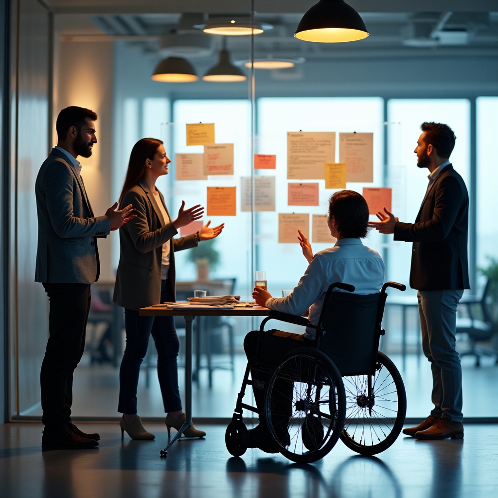 Equipo diverso discutiendo estrategia frente a un panel de indicadores