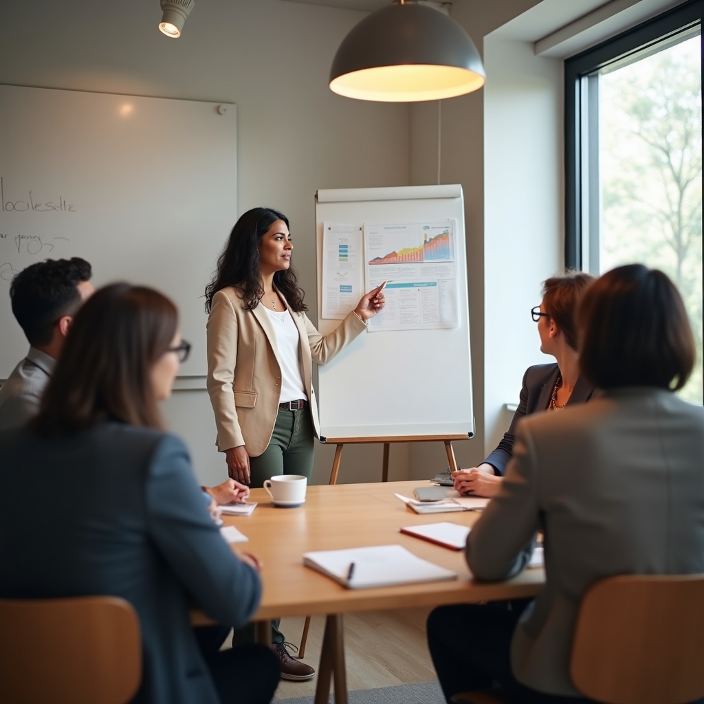 Facilitador explicando un gráfico a un grupo de directivos