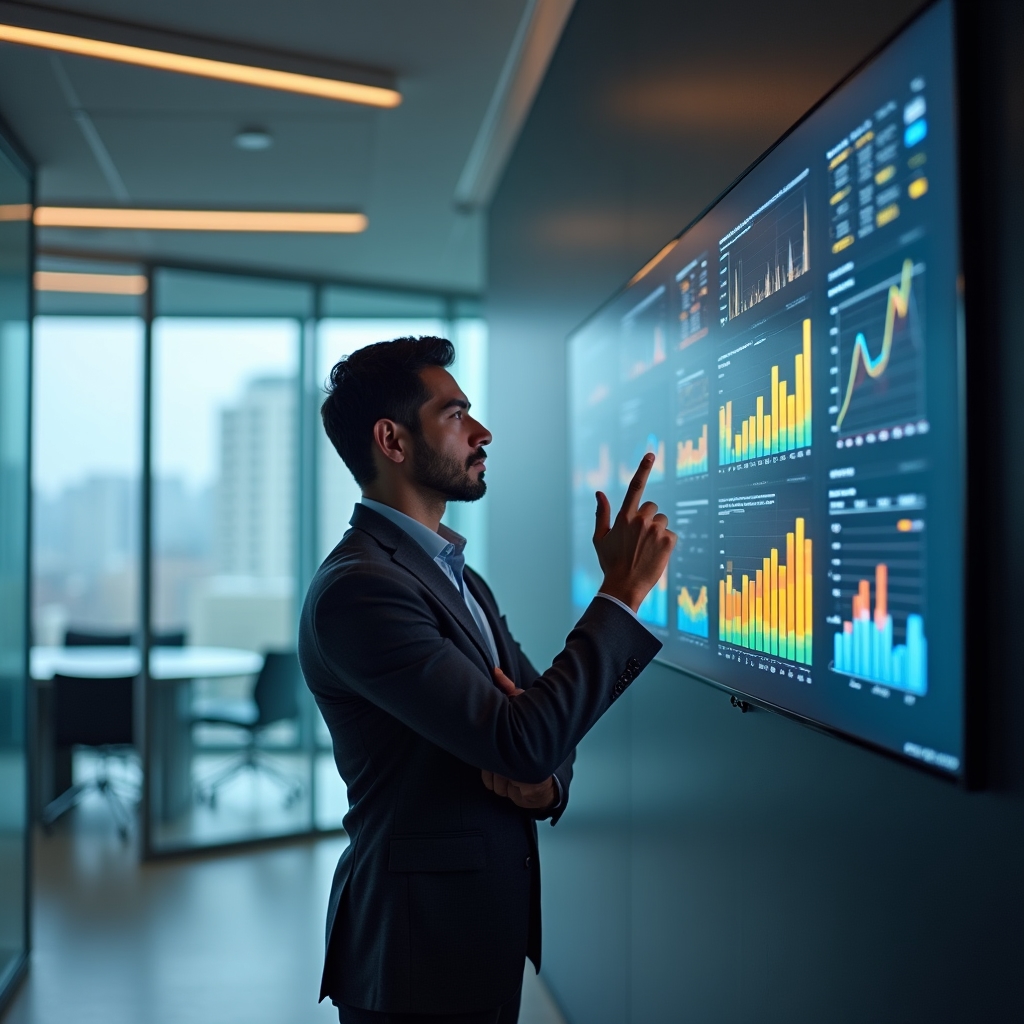 Directivo analizando un dashboard en una sala de reuniones