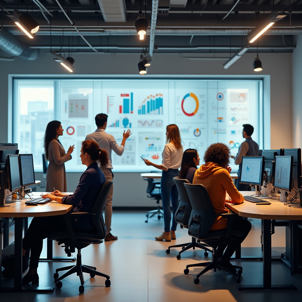 Oficina moderna con equipo trabajando sobre gráficos de gestión