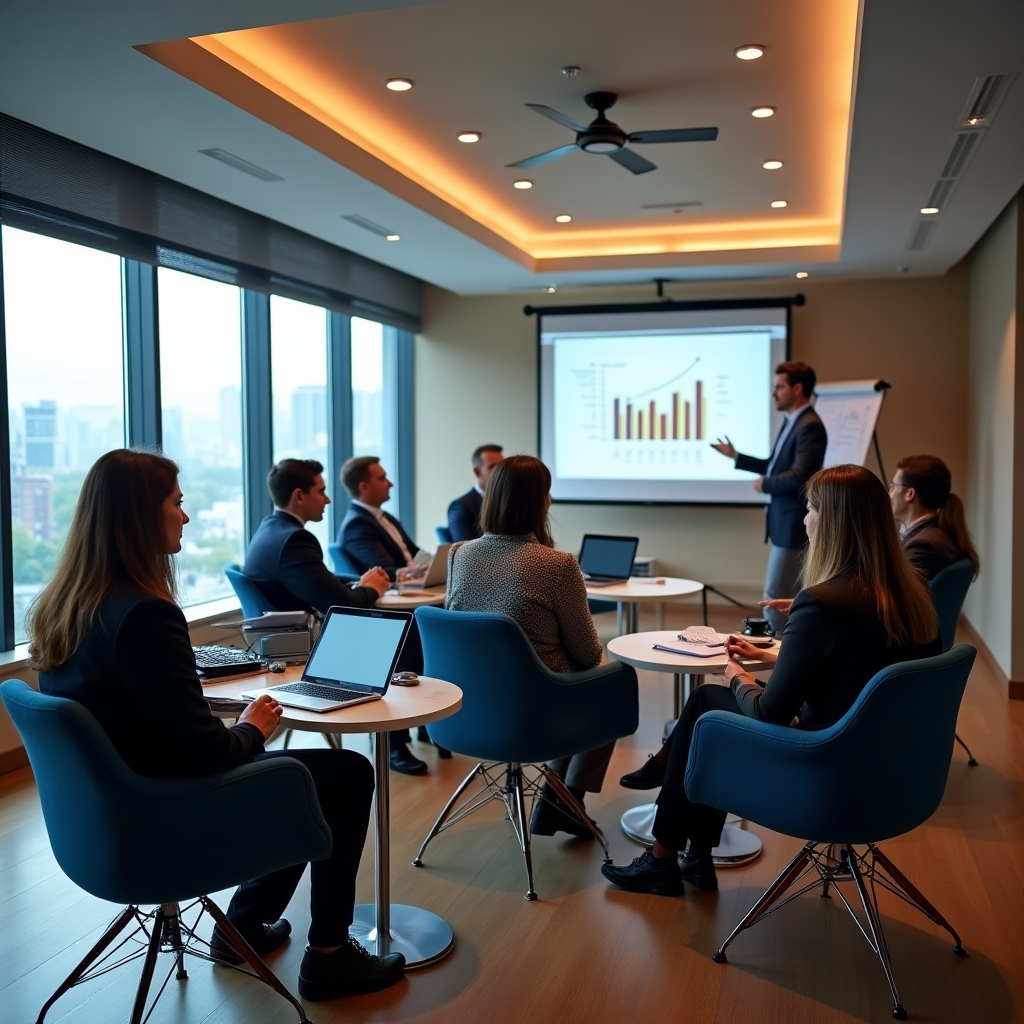 Sala de formación con directivos participando en una sesión
